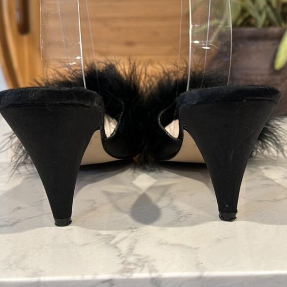 Fredrick’s of Hollywood 1980s Satin Peep Toe Pumps with Ostrich Feathers size 7 - Picture 2 of 9